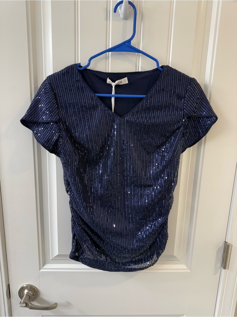 NWT Grace Karin V-Neck Navy Blue Sequin Ruched Top Size Medium